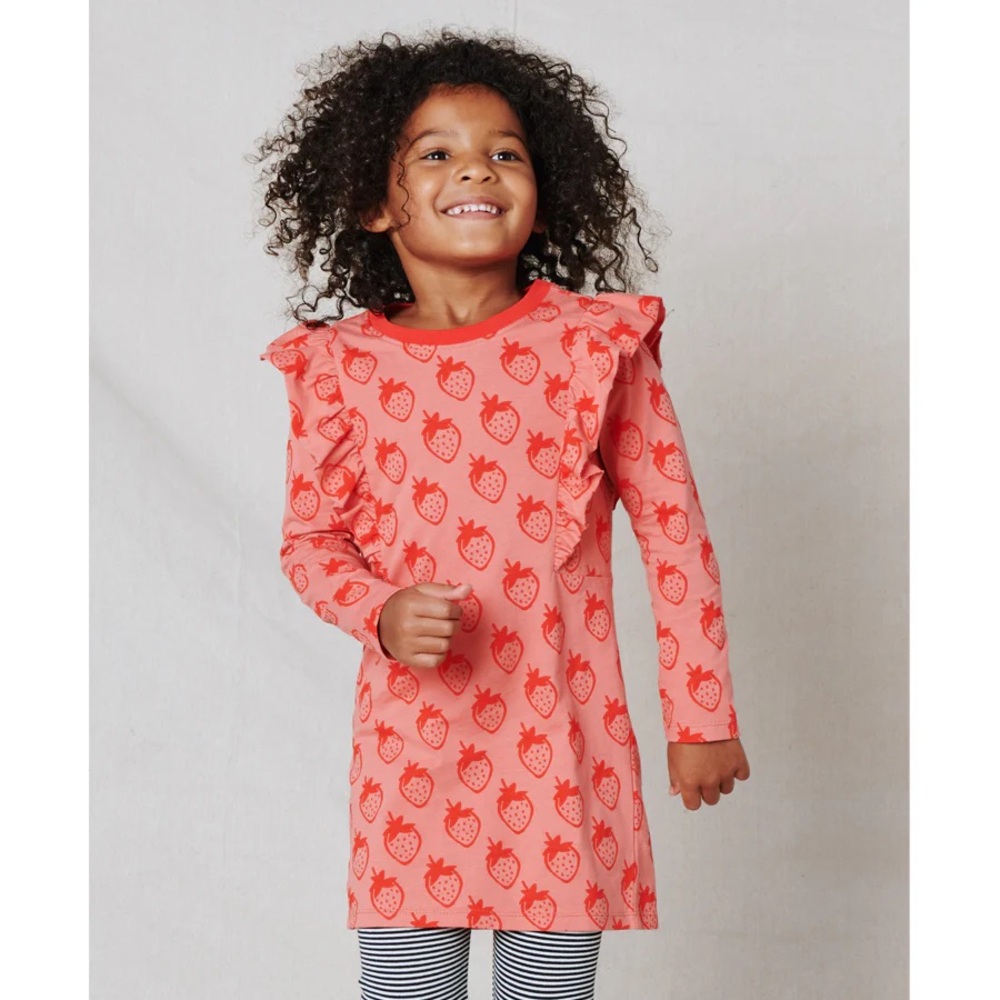 TEA Red Long Sleeve Ruffle Dress with Strawberry Print